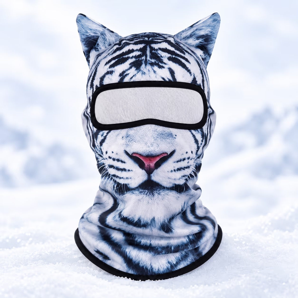 White tiger animal print ski balaclava with striped details