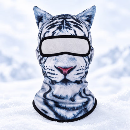 White tiger animal print ski balaclava with striped details