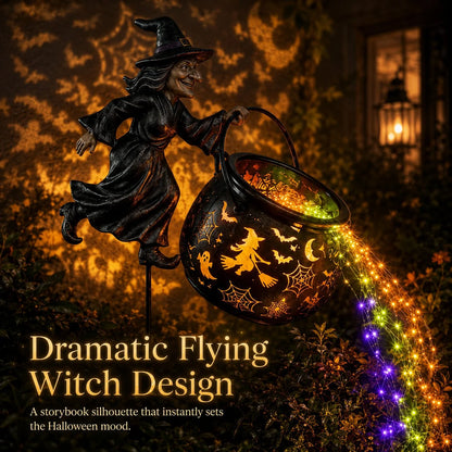 Flying witch design with pointed hat beside patterned cauldron