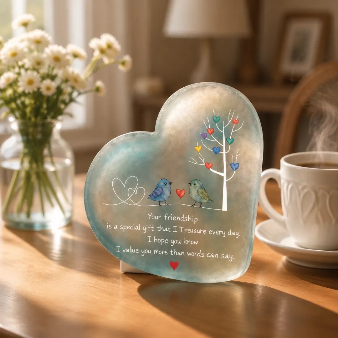 Sea glass heart friendship plaque displayed on desk