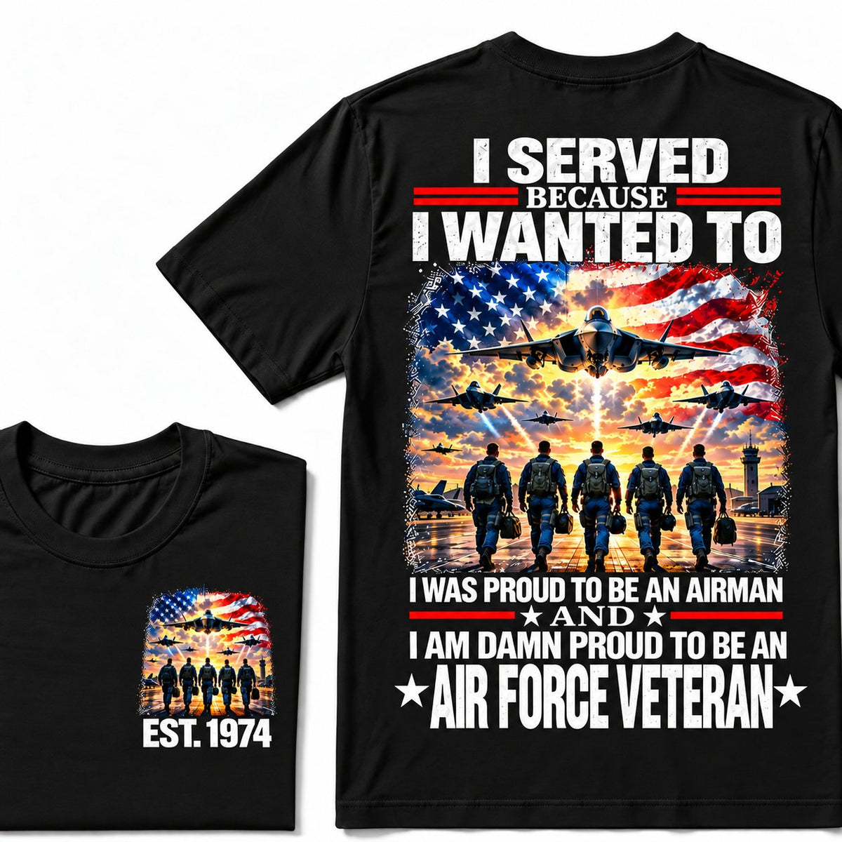 Black Air Force veteran custom year T-shirt with front and back patriotic aircraft graphics
