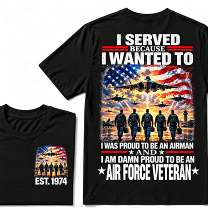 Black Air Force veteran custom year T-shirt with front and back patriotic aircraft graphics