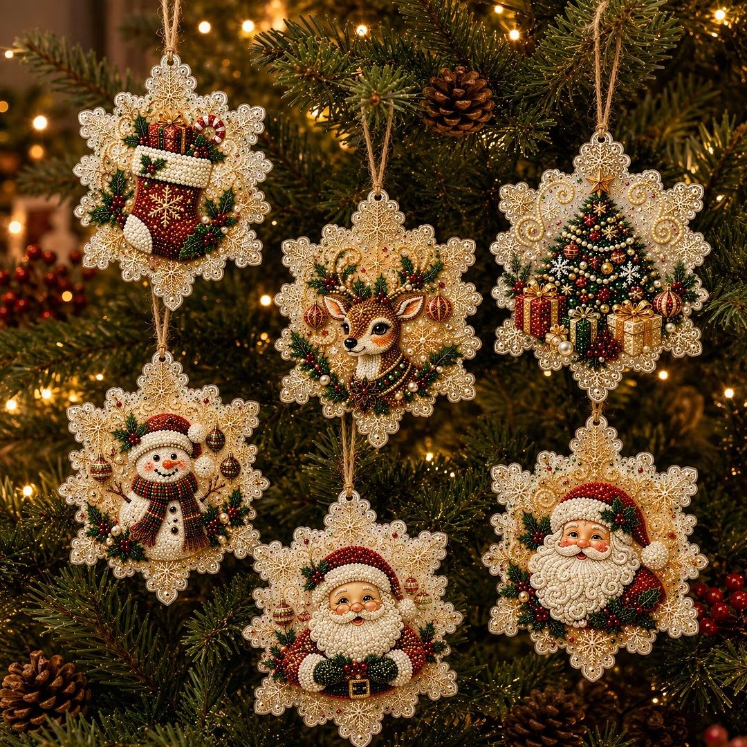 Snowflake-frame Christmas diamond art ornaments on a tree