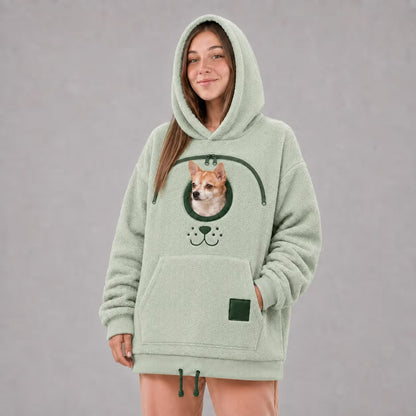 Green pet carrier hoodie with hood and front pet pouch