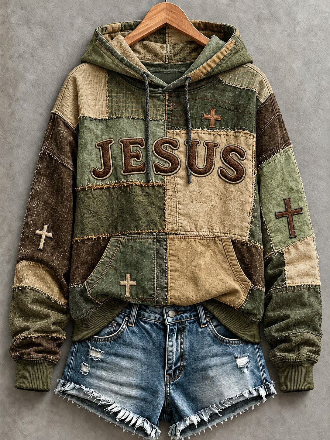 Women's JESUS cross print patchwork-look hoodie in Olive / Brown / Beige