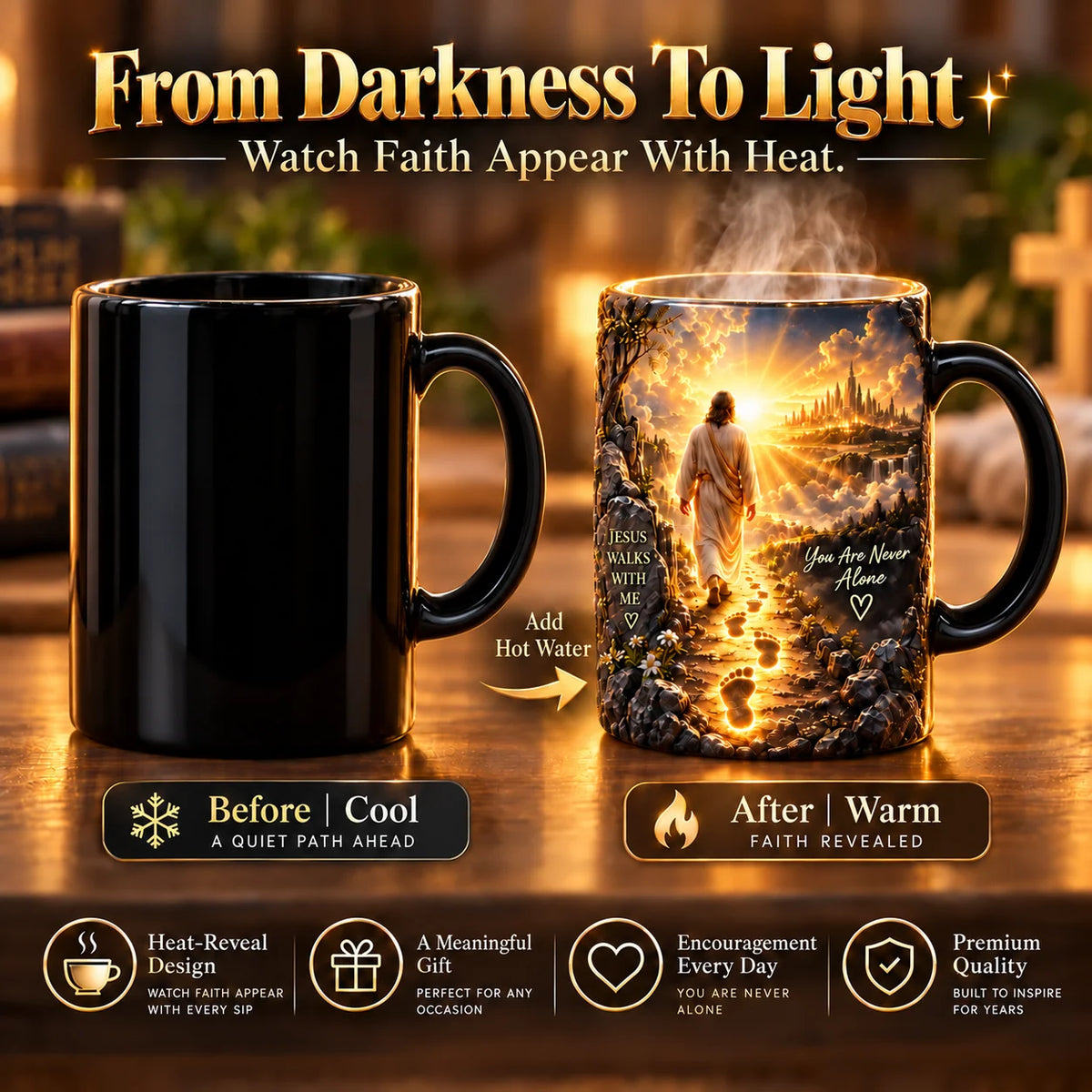 Heat-reveal Jesus mug before and after adding a hot drink
