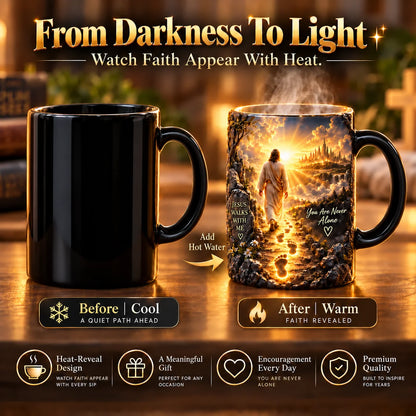 Heat-reveal Jesus mug before and after adding a hot drink