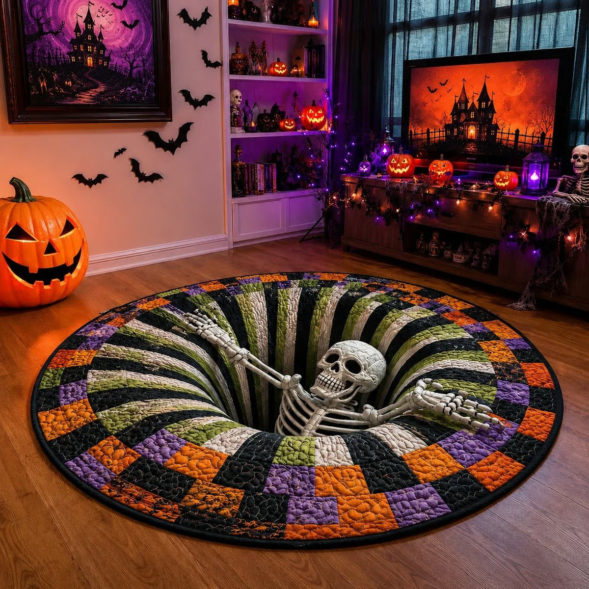 3D raised skeleton climbing out of a vortex illusion Halloween round rug
