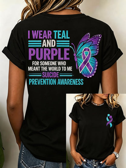 Teal and purple ribbon butterfly suicide prevention awareness t-shirt in black