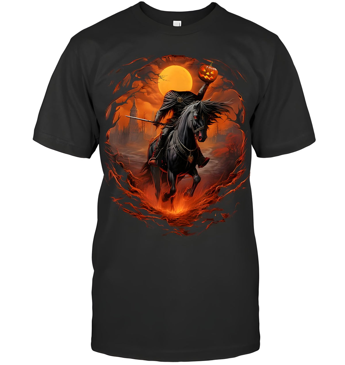 Black Headless Horseman Halloween T-shirt with flaming pumpkin and charging black stallion print