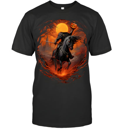 Black Headless Horseman Halloween T-shirt with flaming pumpkin and charging black stallion print
