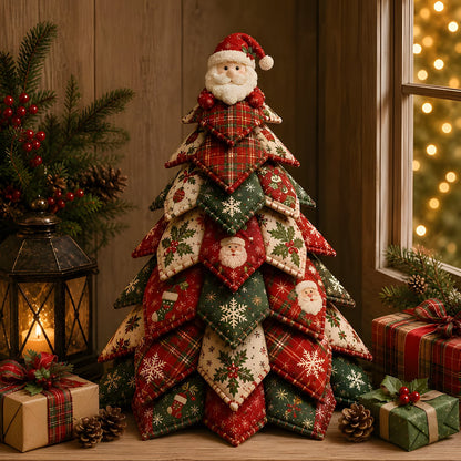 DIY quilted Christmas tree with Santa Claus topper for holiday decor