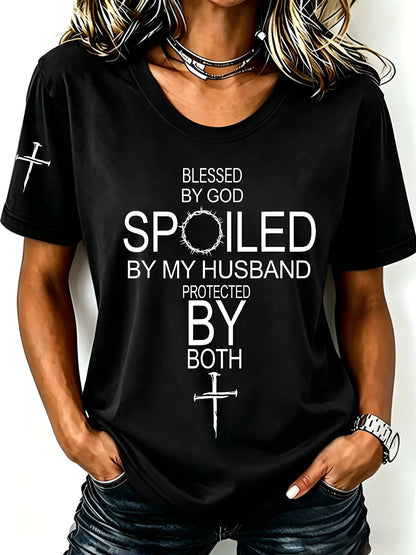 Women's Black Blessed by God Faith Cross Print Casual T-Shirt