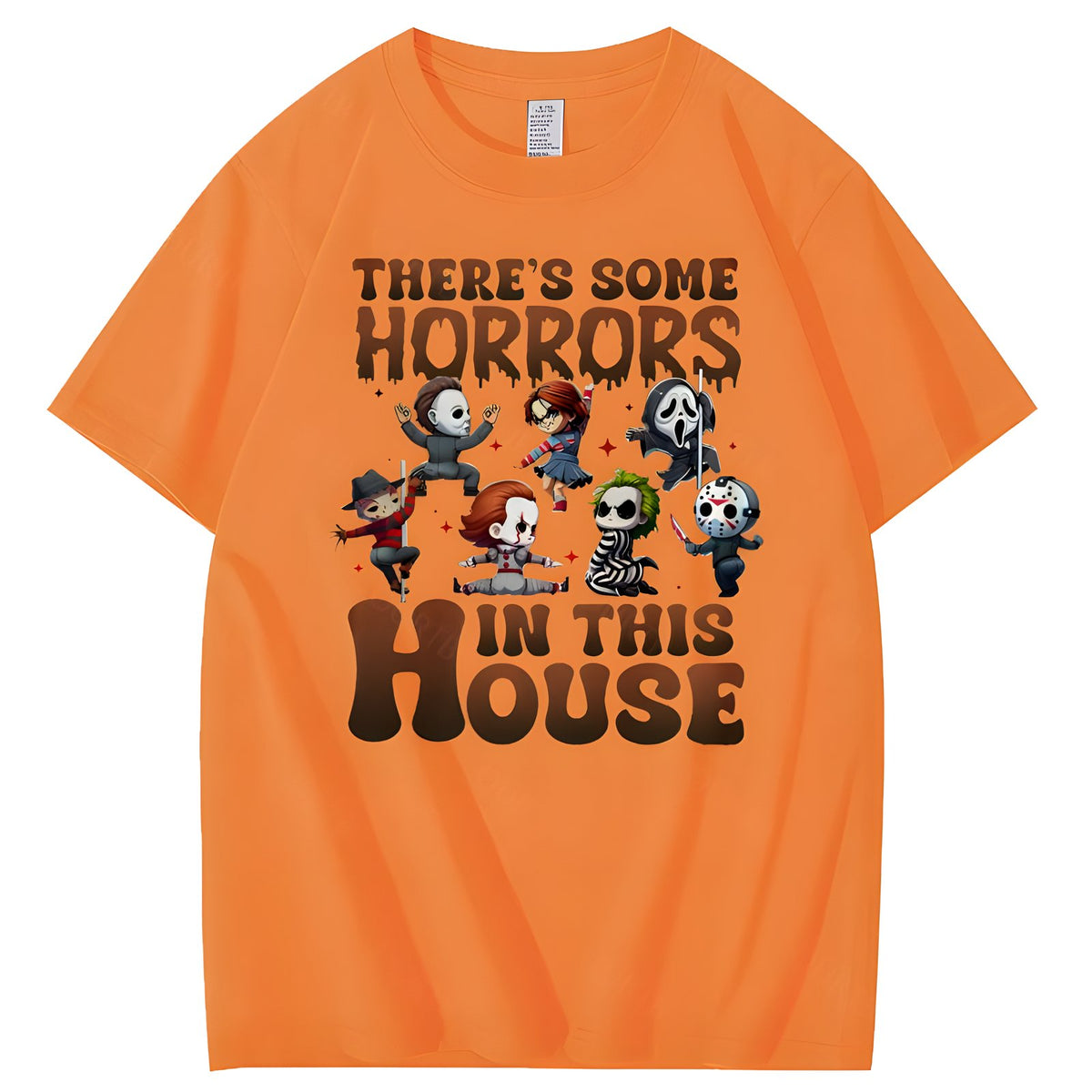 Orange Halloween horror character graphic cotton T-shirt, front view
