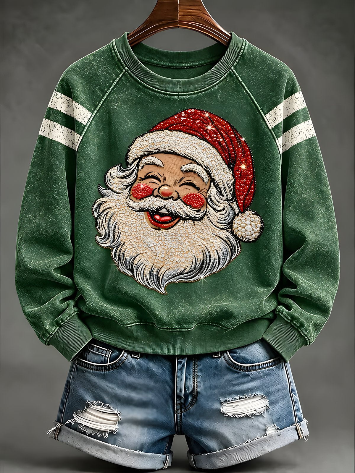 Green women's Santa print Christmas sweatshirt with striped sleeves