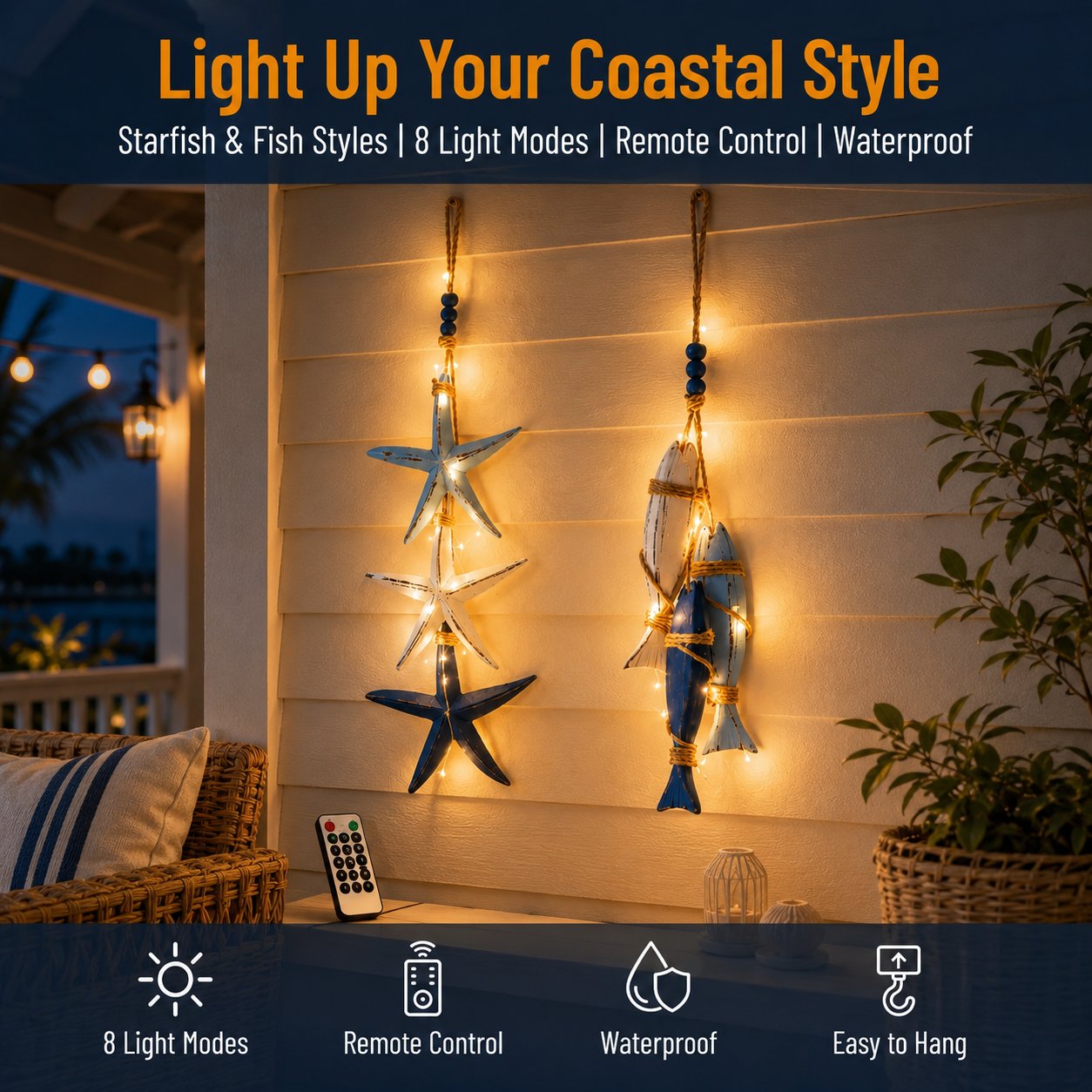 Lighted coastal wooden decor 8 light modes remote waterproof features