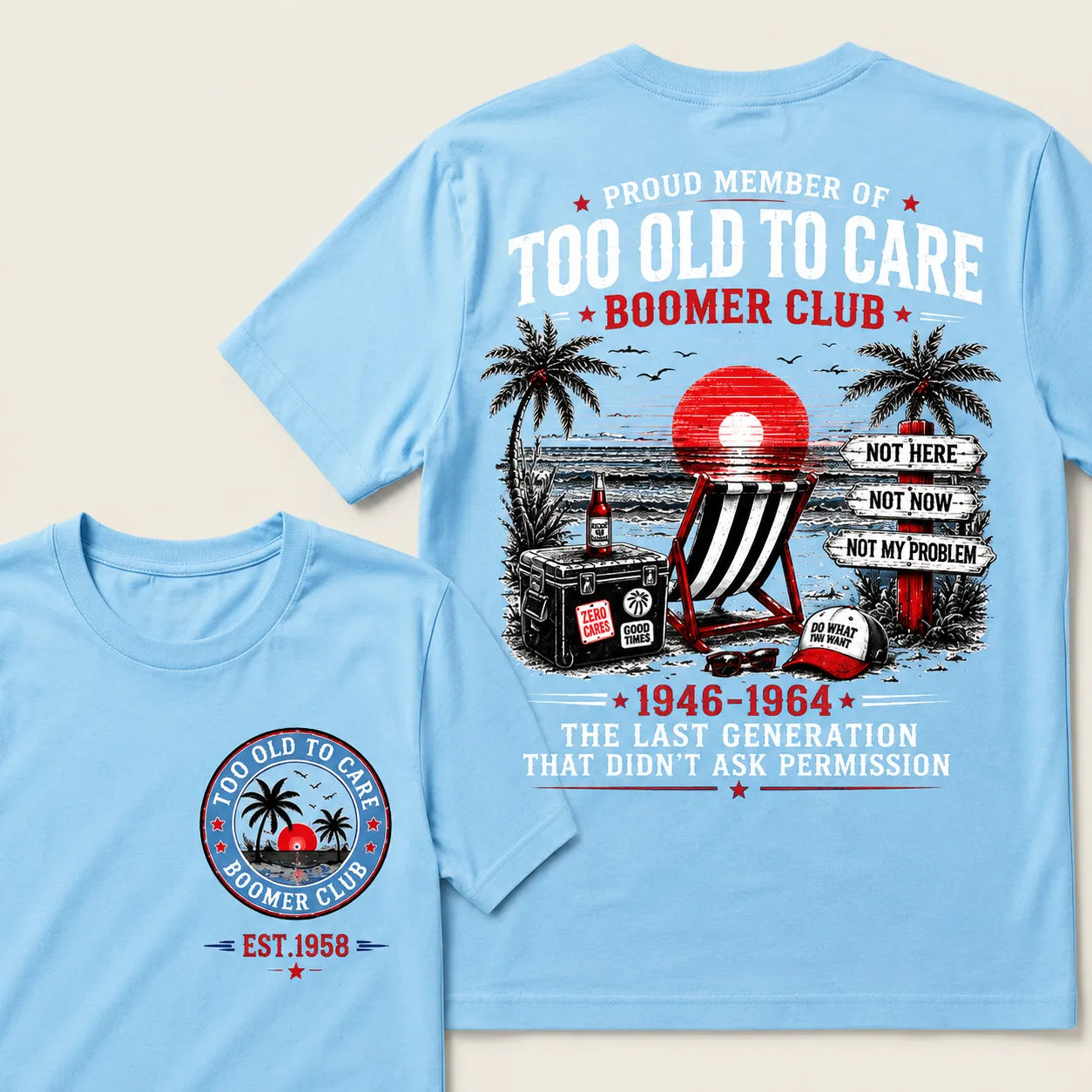 Custom EST year Boomer Club t-shirt in Light Blue with retro beach back print