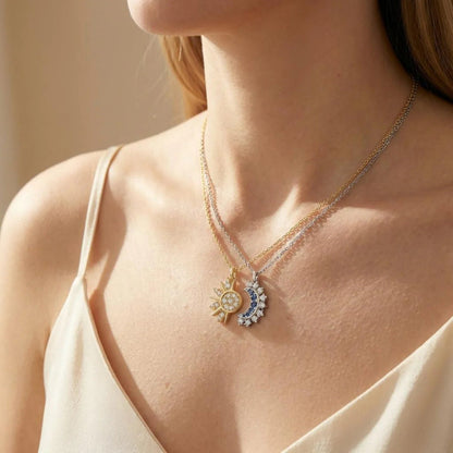 Sun and moon magnetic necklace set styled together at the neckline