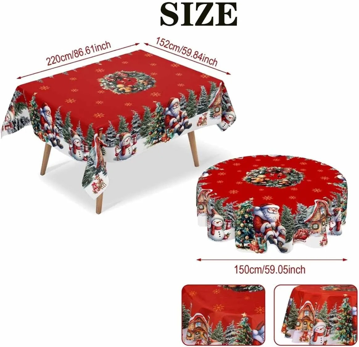 Vintage Christmas tablecloth size chart with rectangle 220x152cm and round 150cm measurements