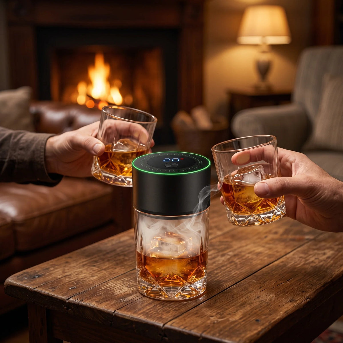 Electric whiskey smoker beside drinks shared at home