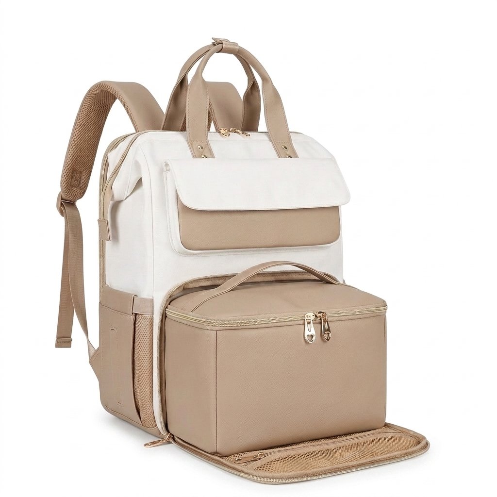 Modern lunch backpack in Latte with the front lunch compartment open