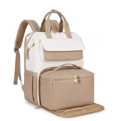 Modern lunch backpack in Latte with the front lunch compartment open