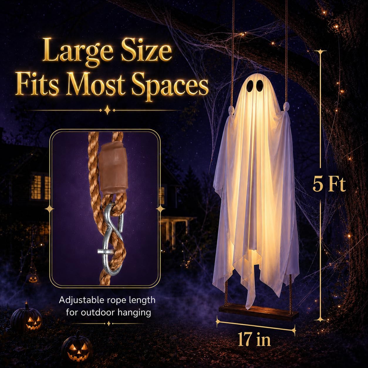 5ft swinging ghost Halloween decoration size chart - 5 feet tall 17 inches wide