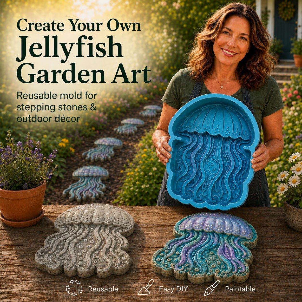 Jellyfish sea animal stepping stone mold for DIY concrete art