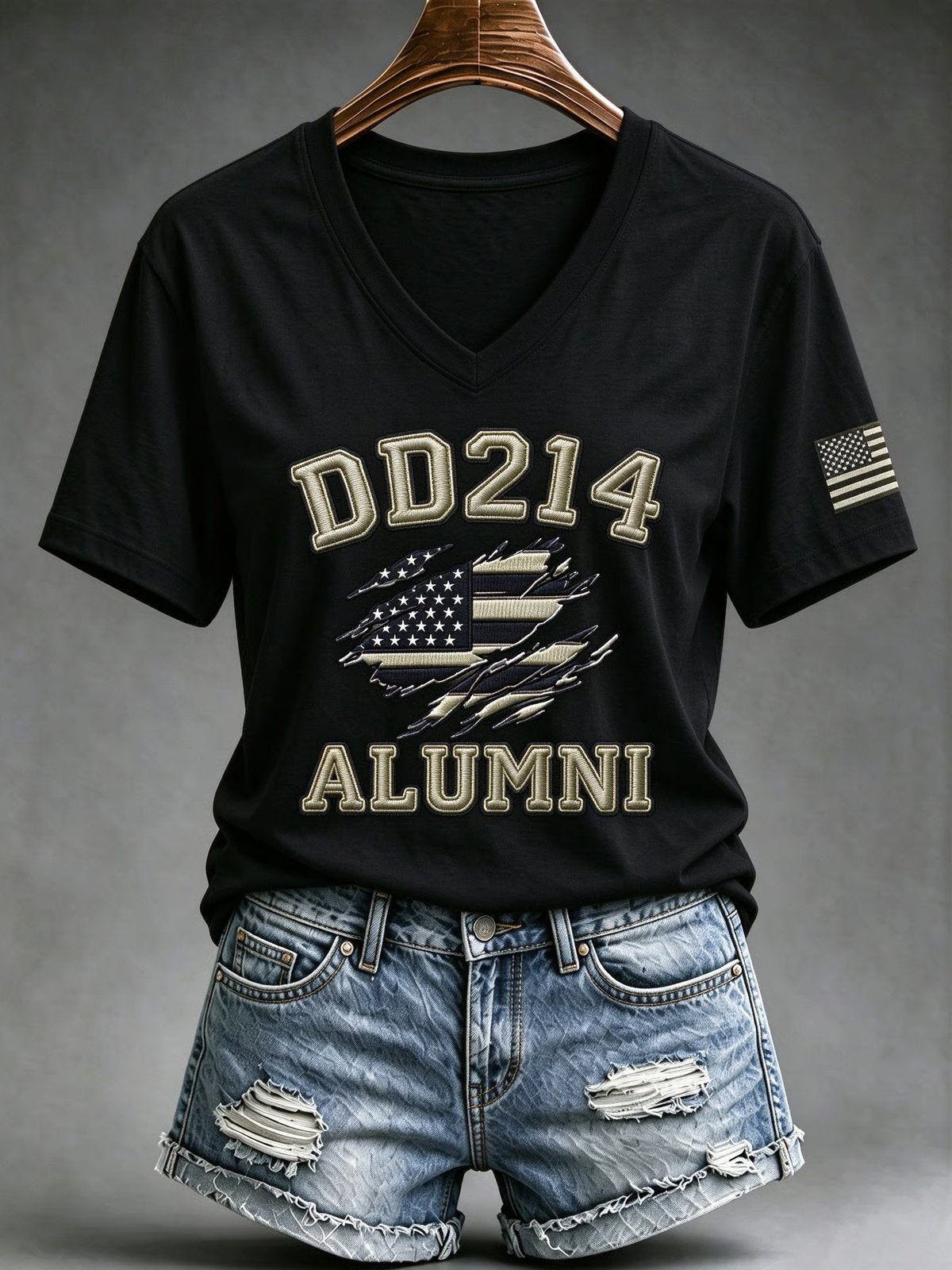Black women's DD-214 Alumni veteran V-neck T-shirt with flag graphic