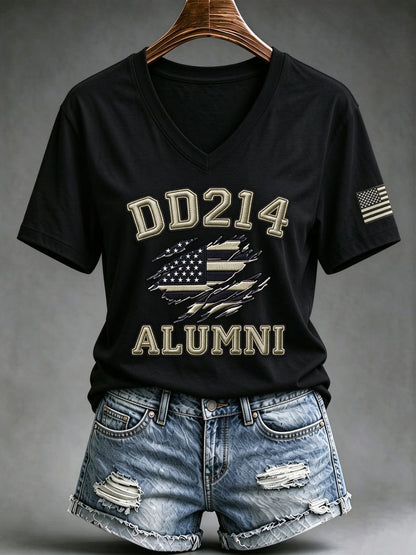 Black women's DD-214 Alumni veteran V-neck T-shirt with flag graphic