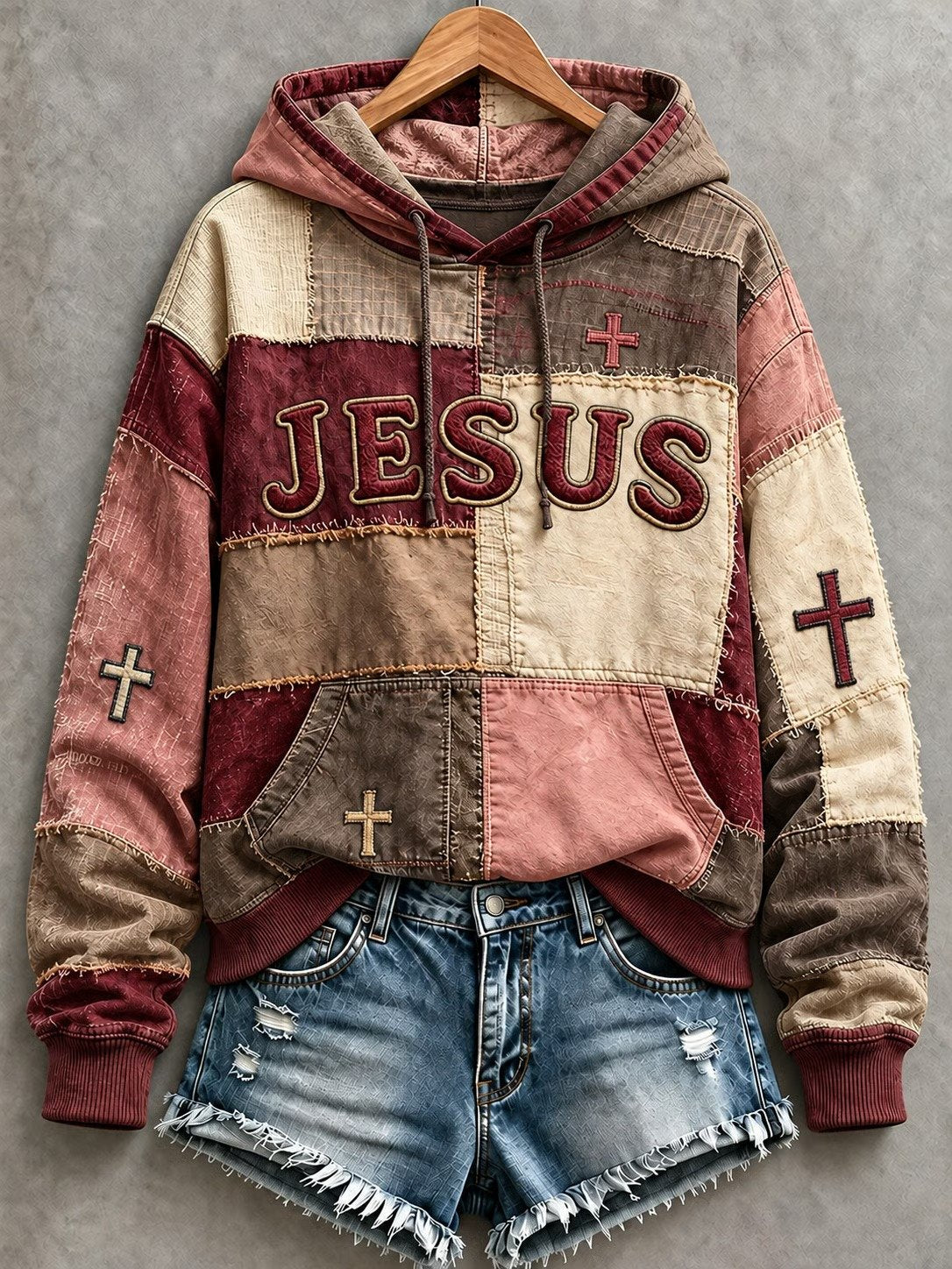 Women's JESUS cross print patchwork-look hoodie in Burgundy / Dusty Pink / Brown