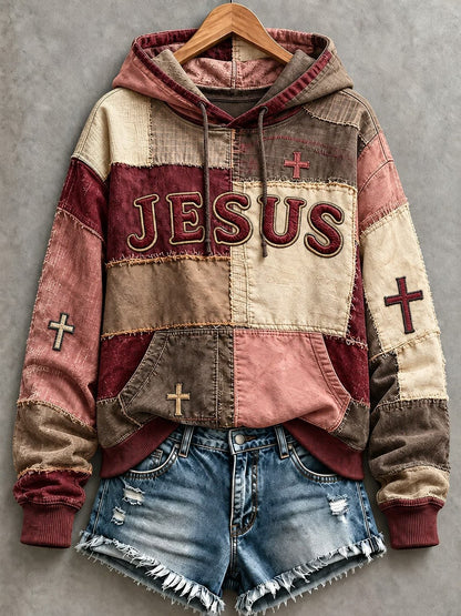 Women's JESUS cross print patchwork-look hoodie in Burgundy / Dusty Pink / Brown