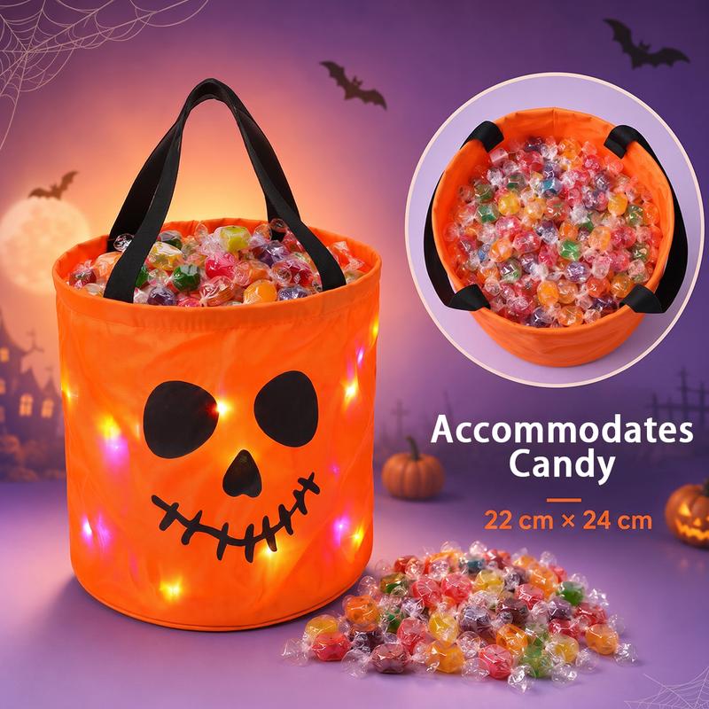 Orange LED Halloween trick-or-treat bag with spooky face and carry handles