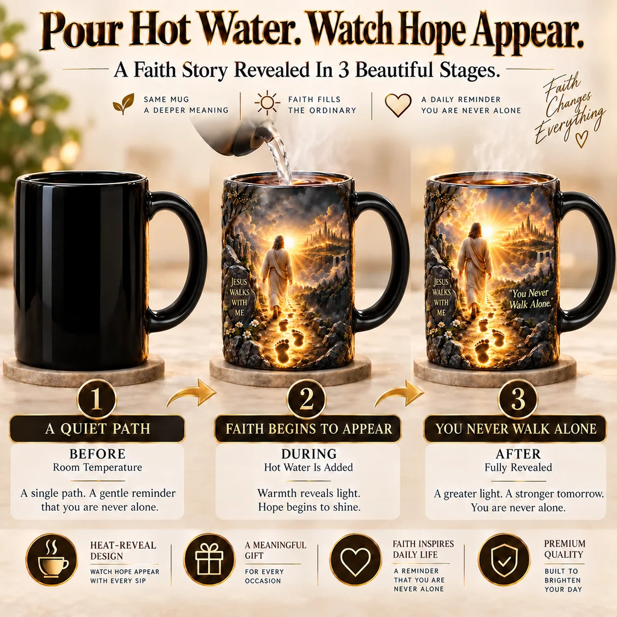 Heat-reveal Jesus mug showing gradual artwork changes with heat