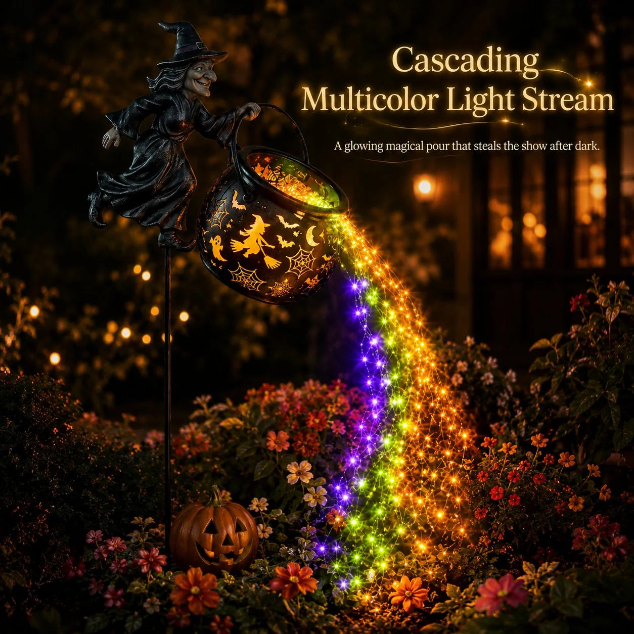 Cascading multicolor light stream pouring from Halloween cauldron