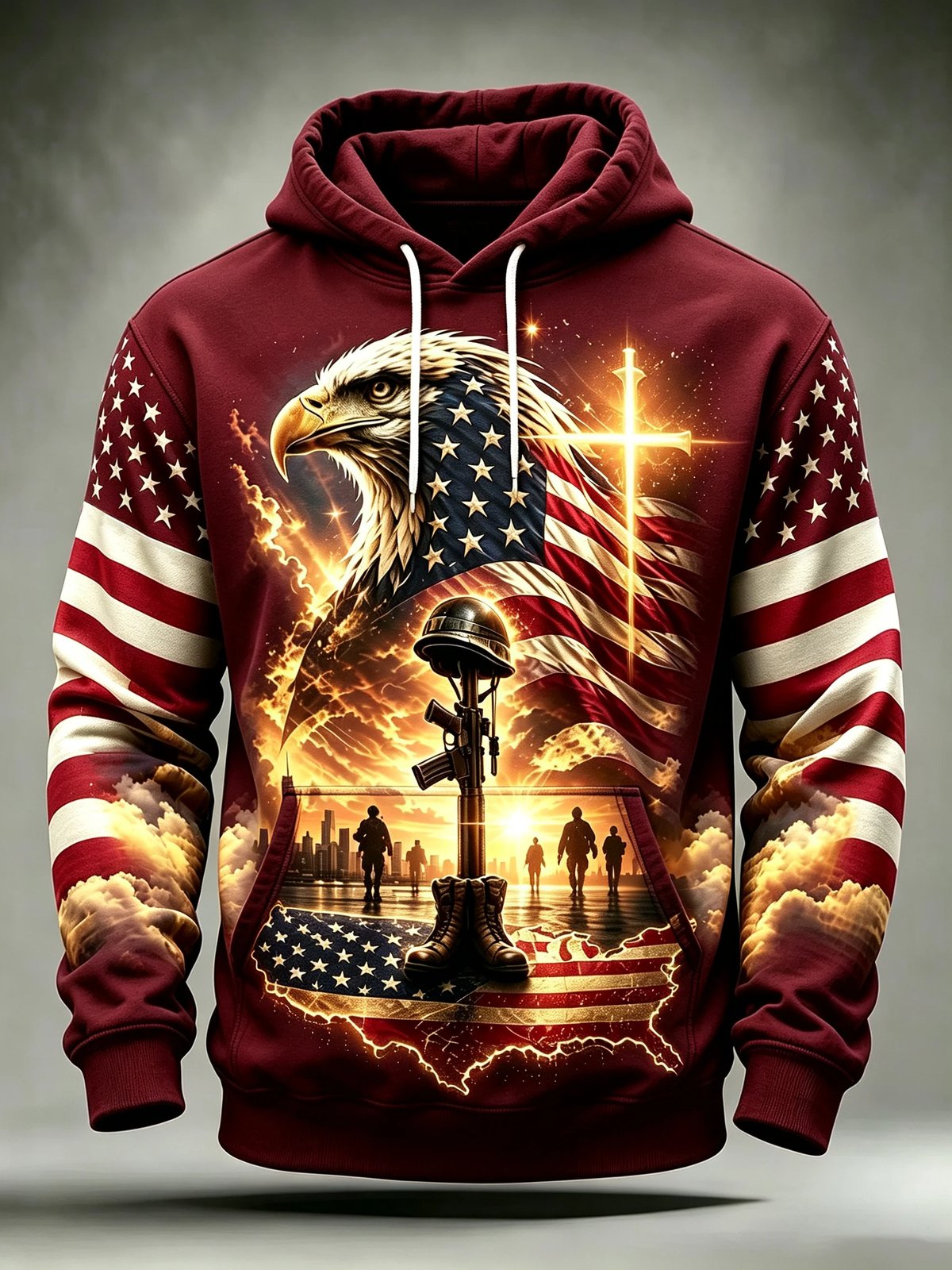 Dark red Veterans tribute hoodie with eagle, American flag and military memorial artwork