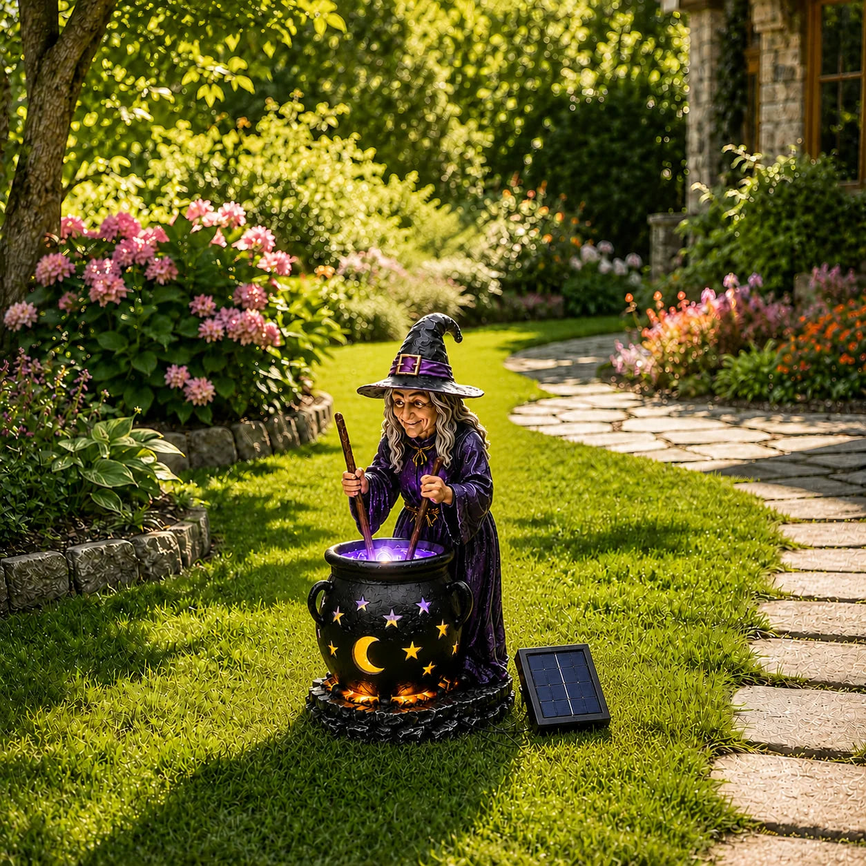 Halloween witch cauldron solar light on daytime garden path