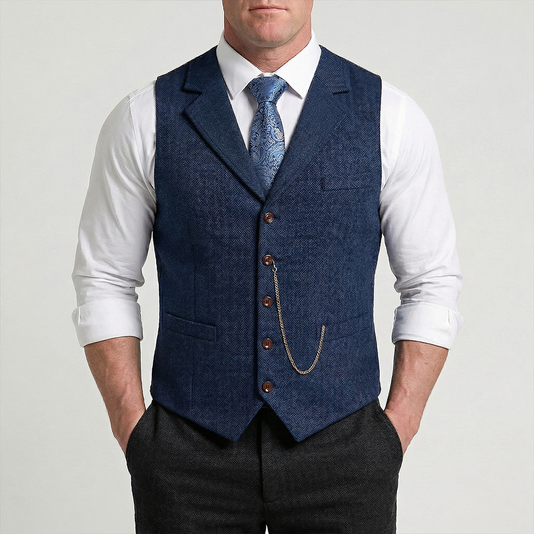 Men's Navy tweed waistcoat upper body detail