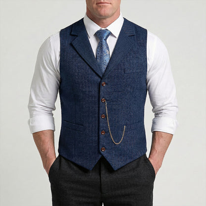 Men's Navy tweed waistcoat upper body detail