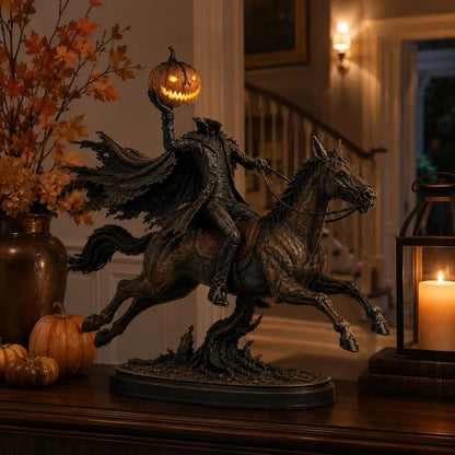 Midnight Chase Headless Horseman figurine displayed at entryway console table