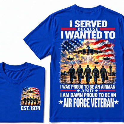 Blue Air Force veteran custom year T-shirt with front and back patriotic aircraft graphics