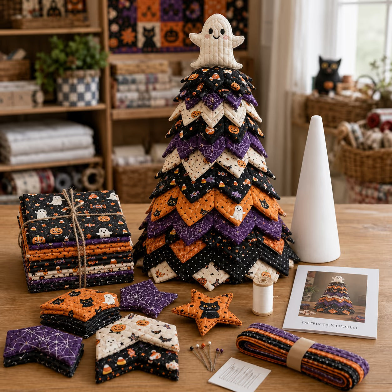 Halloween Patchwork quilt tree with ghost topper and spider web fabric