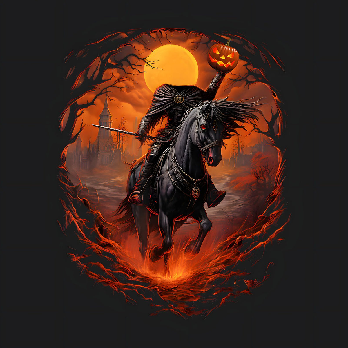 Close-up of the Headless Horseman artwork - jack-o'-lantern, blade and harvest moon in molten orange