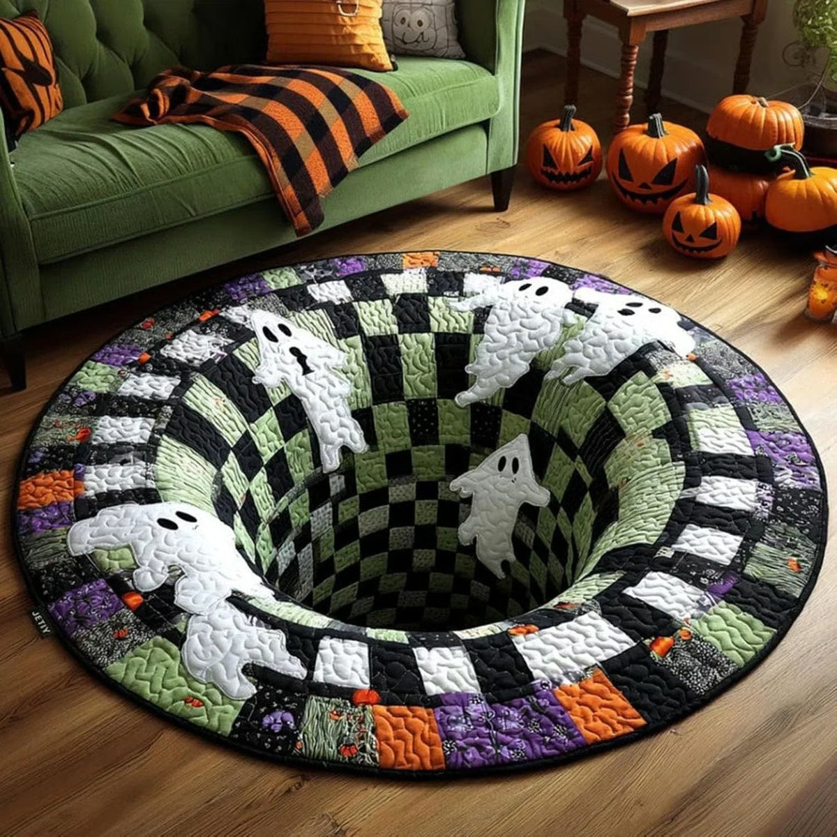 Halloween round rug with 3D ghosts rising from a deep vortex illusion
