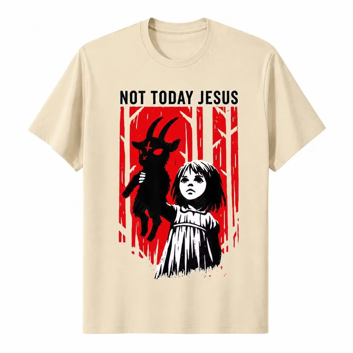 Sand Not Today Jesus gothic goat graphic T-shirt with red woodland artwork