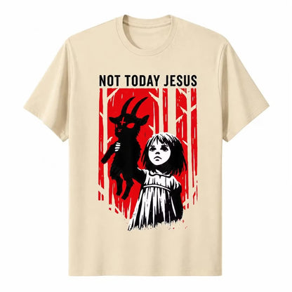 Sand Not Today Jesus gothic goat graphic T-shirt with red woodland artwork