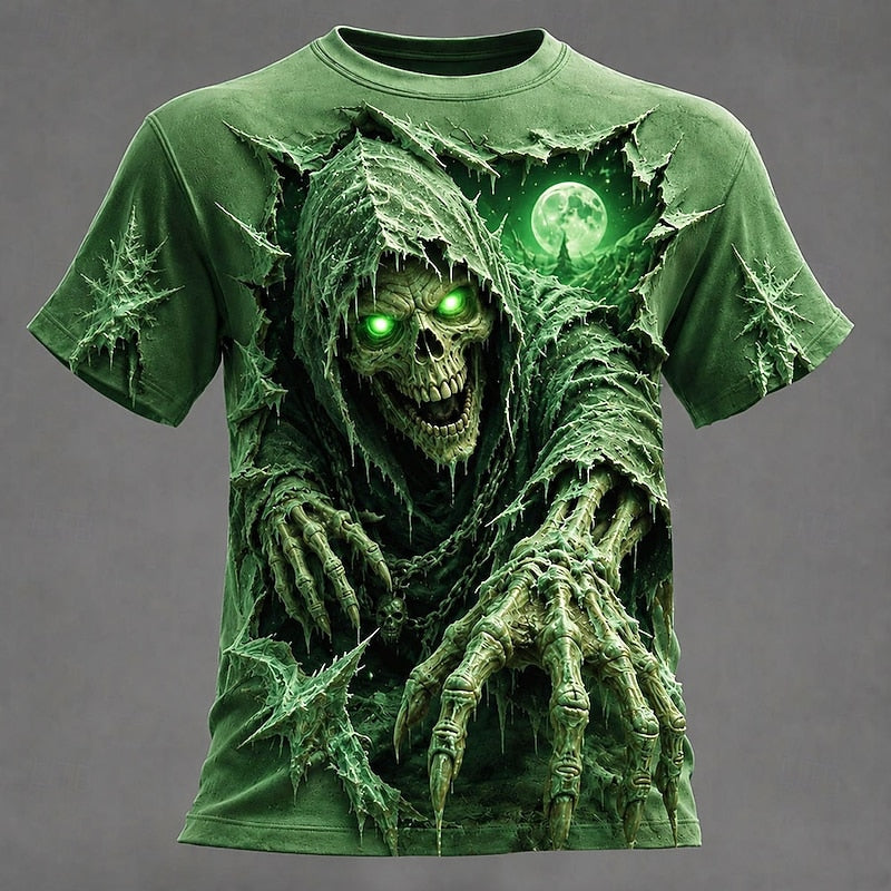 Green men's Halloween skull T-shirt with hooded grim reaper print