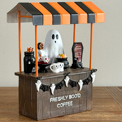 Ghost barista Halloween coffee stand side angle decor