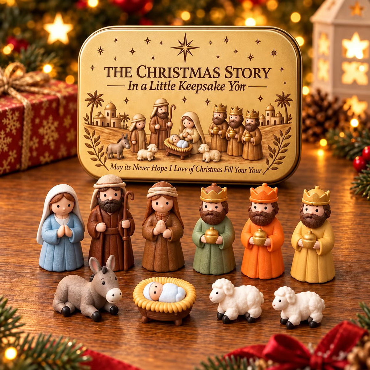 Mini nativity figures and decorative Christmas keepsake tin