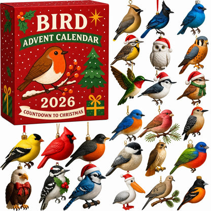 Bird Advent Calendar 2026 red box with 24 acrylic bird ornaments displayed